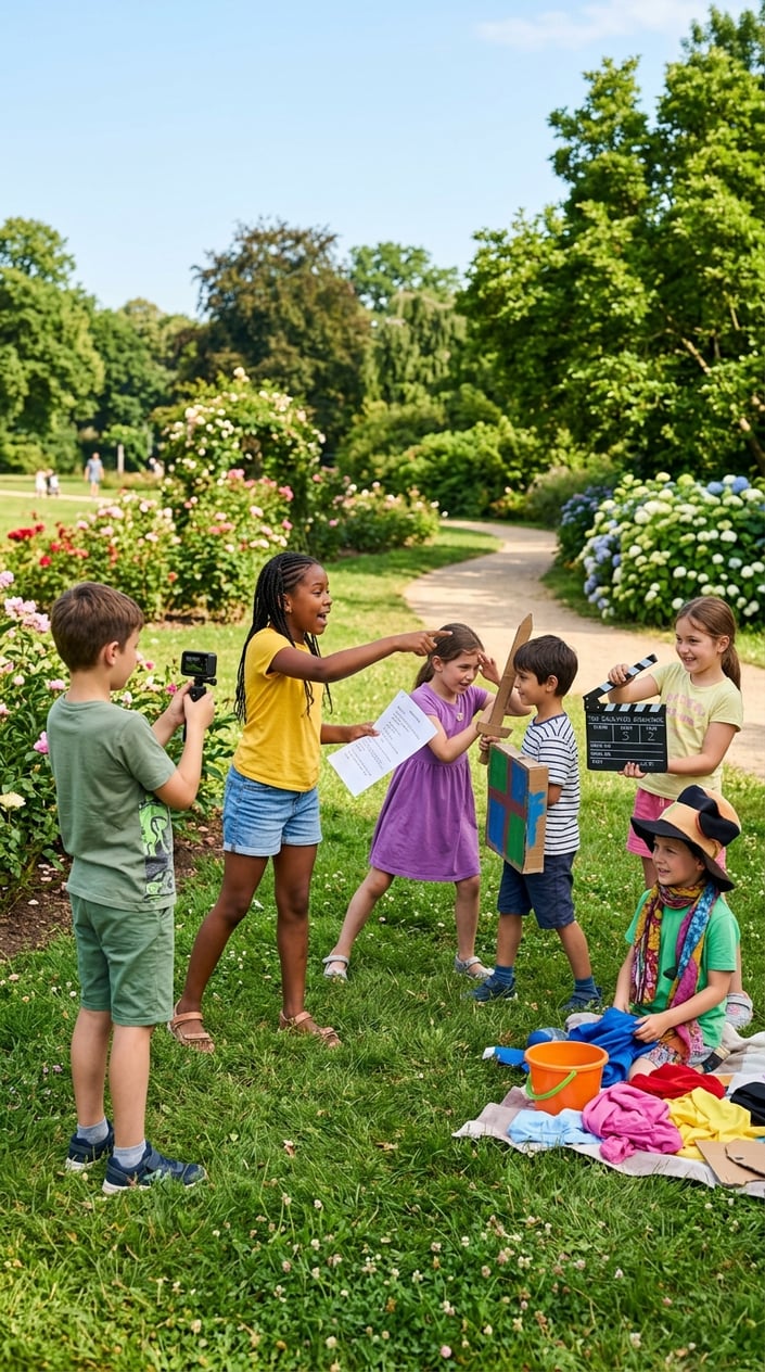 A group of children directing a mini-movie outdoors on a sunny summer day, working together with a camera and props in a green park.