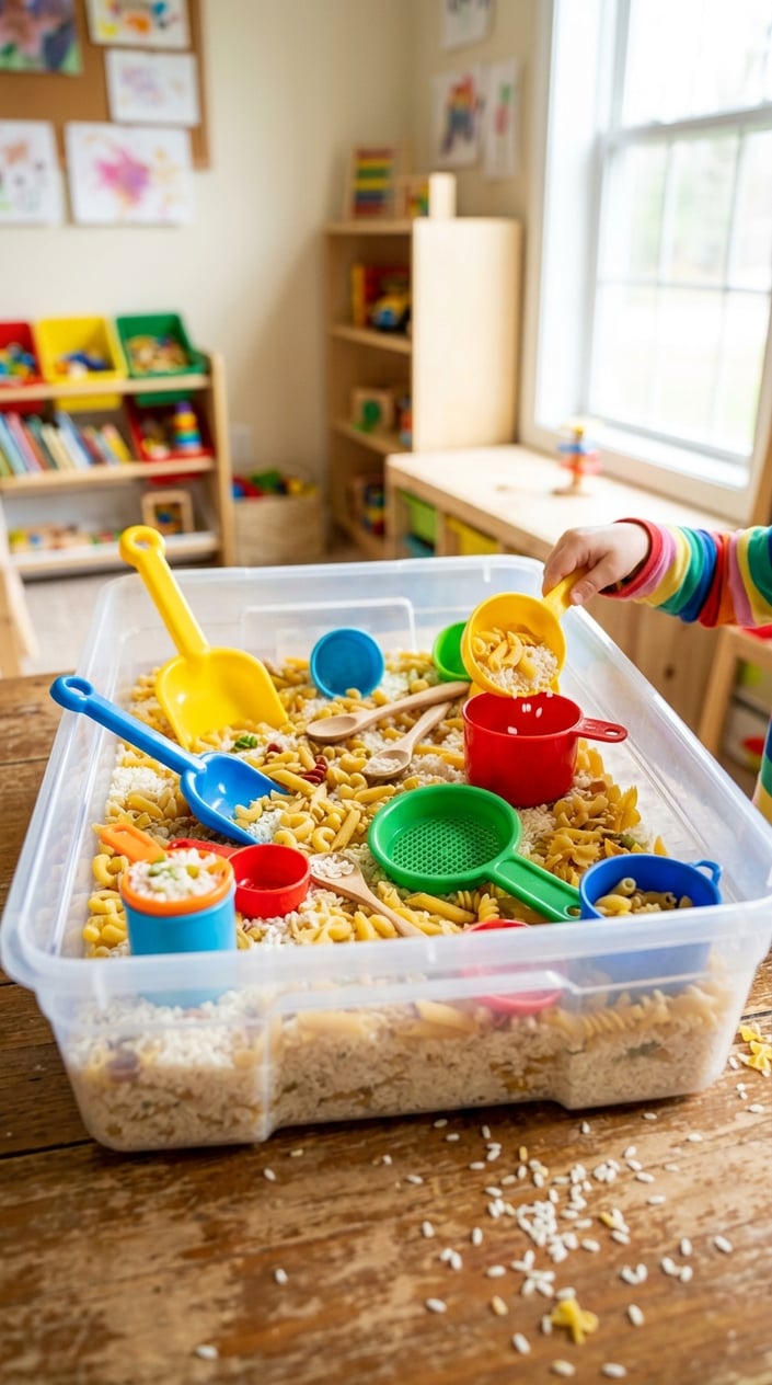 A sensory bin filled with rice and pasta, with colorful scoops and tools arranged on a table.