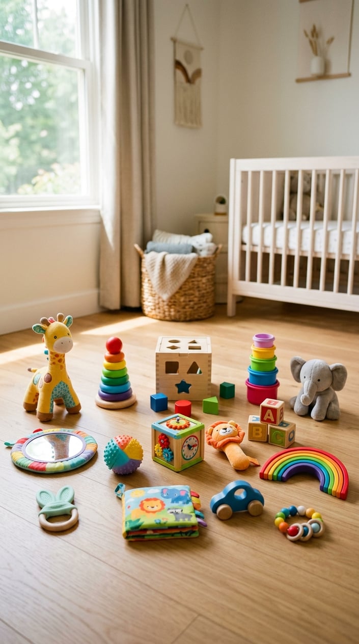 15 Baby Toys That Don't Make Parents Want to Hide in the Garage 2 A collection of colorful and safe baby toys arranged on a wooden floor in a cozy nursery corner.