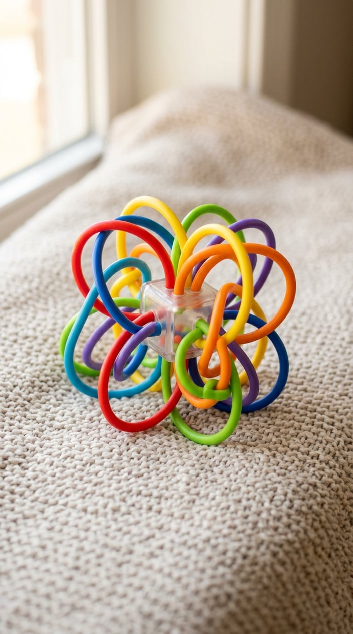15 Baby Toys That Don't Make Parents Want to Hide in the Garage 3 A colorful baby teether toy with interwoven loops placed on a soft surface.