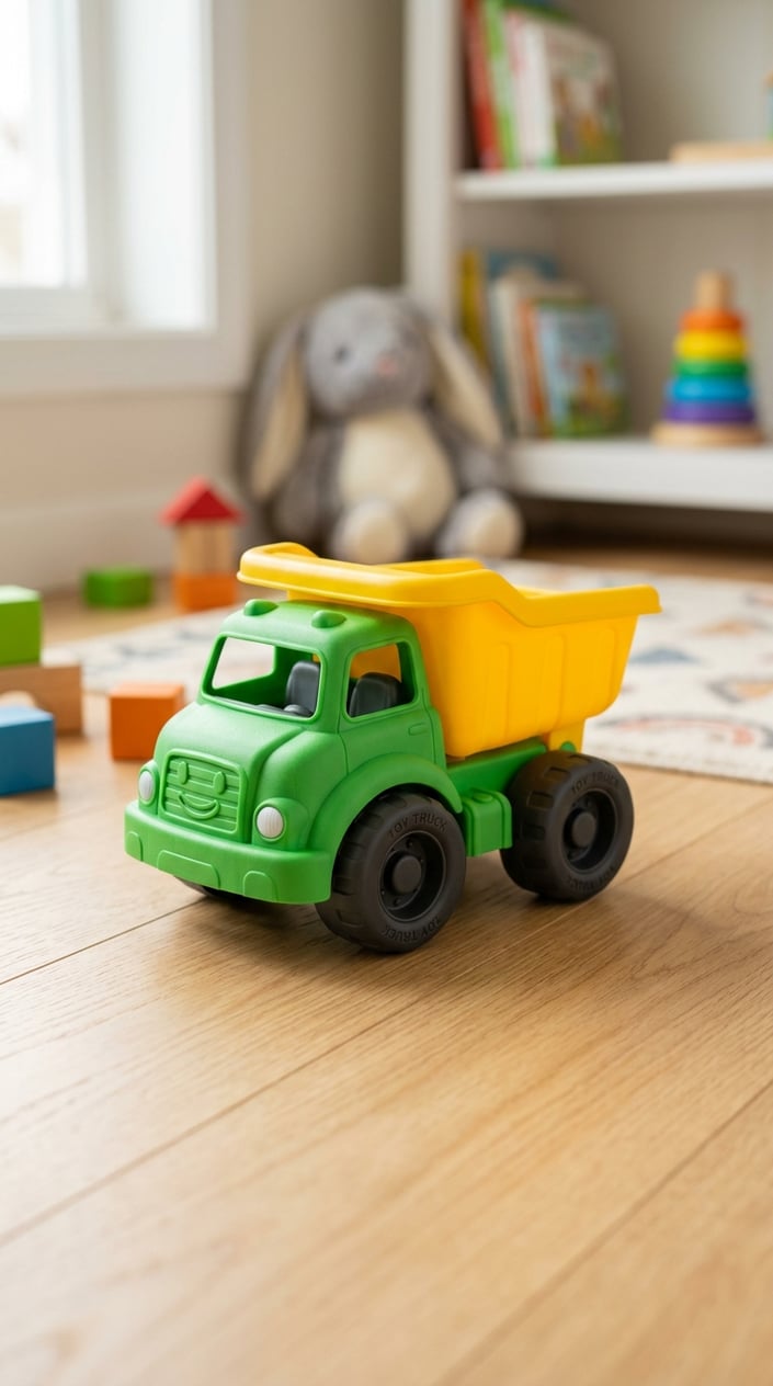 15 Baby Toys That Don't Make Parents Want to Hide in the Garage 4 A green toy dump truck for babies placed on a light surface with soft natural lighting and blurred baby toys in the background.