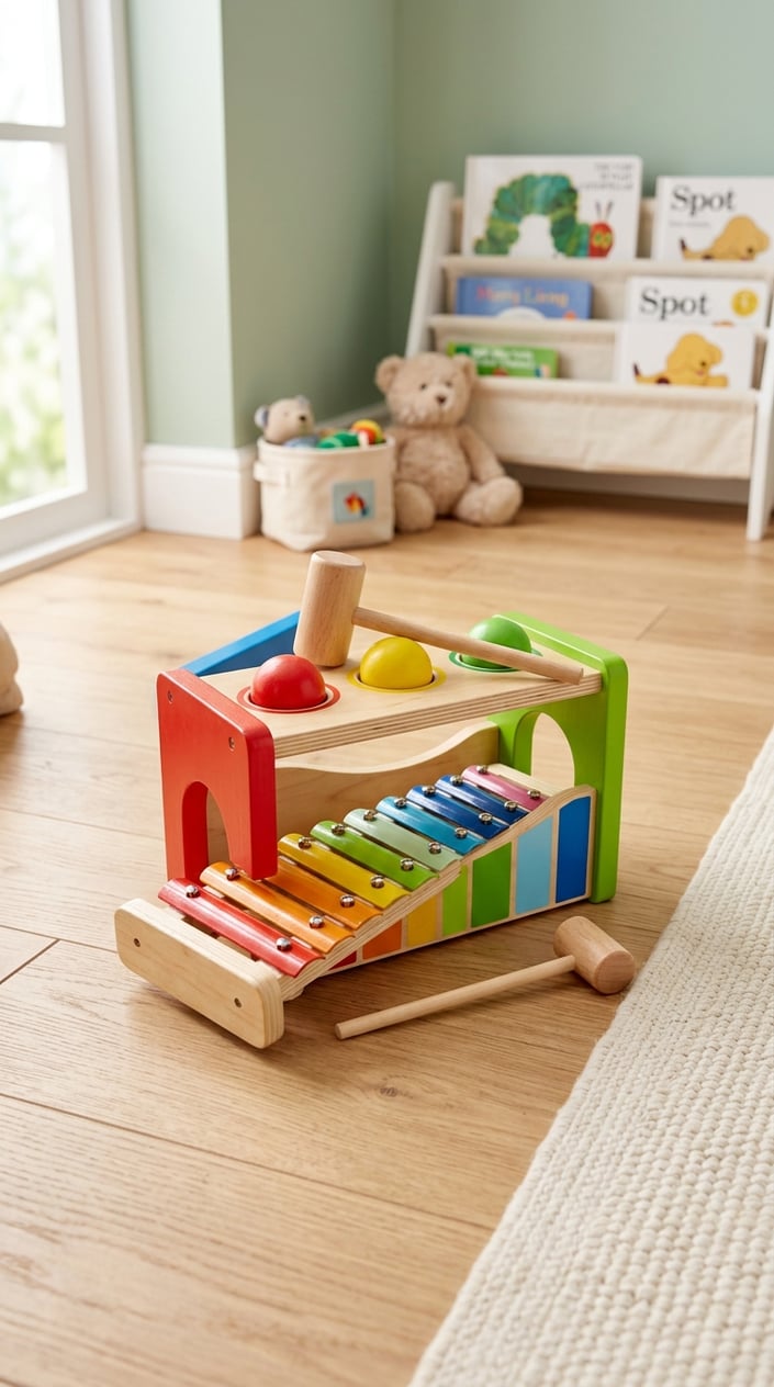 15 Baby Toys That Don't Make Parents Want to Hide in the Garage 5 A colorful wooden baby toy with a pound bench and slide-out xylophone on a light wooden floor in a bright nursery room.