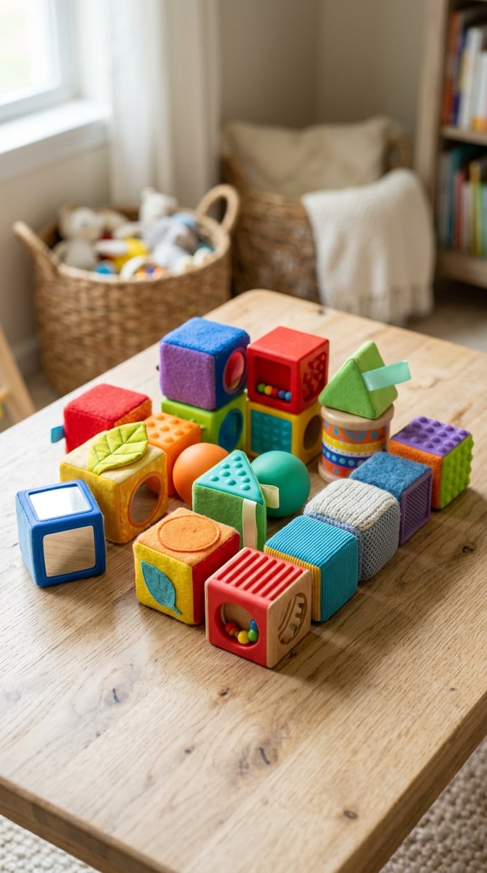 15 Baby Toys That Don't Make Parents Want to Hide in the Garage 6 Colorful sensory blocks for babies arranged on a wooden surface with soft natural lighting.
