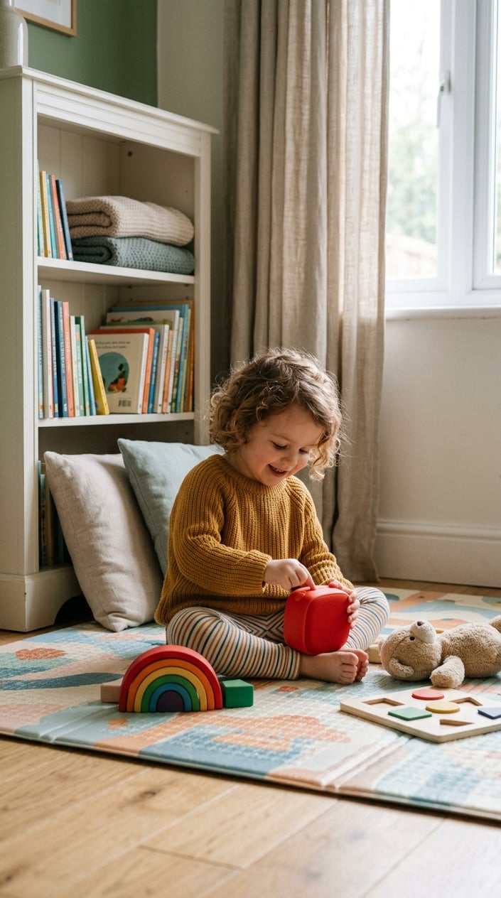 15 Baby Toys That Don't Make Parents Want to Hide in the Garage 7 A young child playing with a Yoto Mini Audio Player surrounded by quiet baby toys on a colorful play mat in a cozy living room.