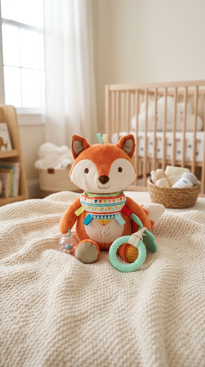15 Baby Toys That Don't Make Parents Want to Hide in the Garage 8 A soft animal-shaped baby toy with a colorful bandana placed on a blanket in a bright nursery.