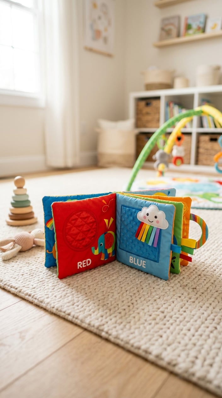15 Baby Toys That Don't Make Parents Want to Hide in the Garage 9 A soft fabric baby activity book with colorful shapes open on a light floor in a bright nursery.
