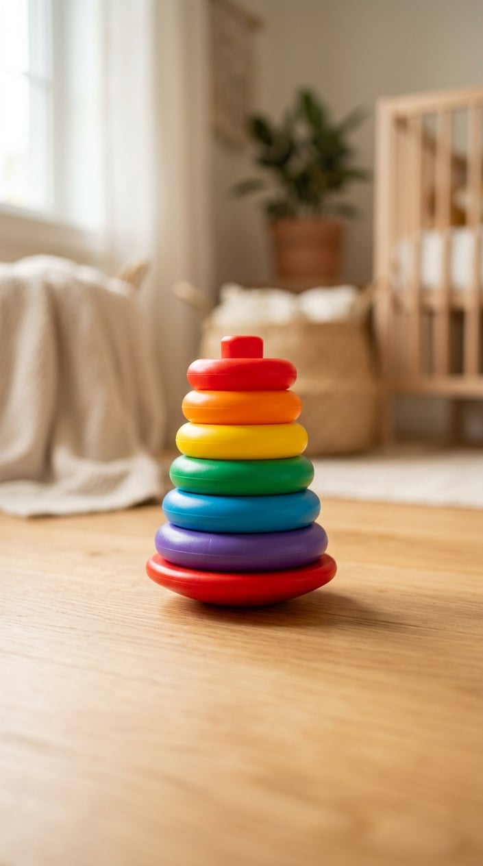 15 Baby Toys That Don't Make Parents Want to Hide in the Garage 10 Classic Fisher-Price Rock-a-Stack baby toy with colorful rings stacked on a wooden surface in a softly lit nursery setting.