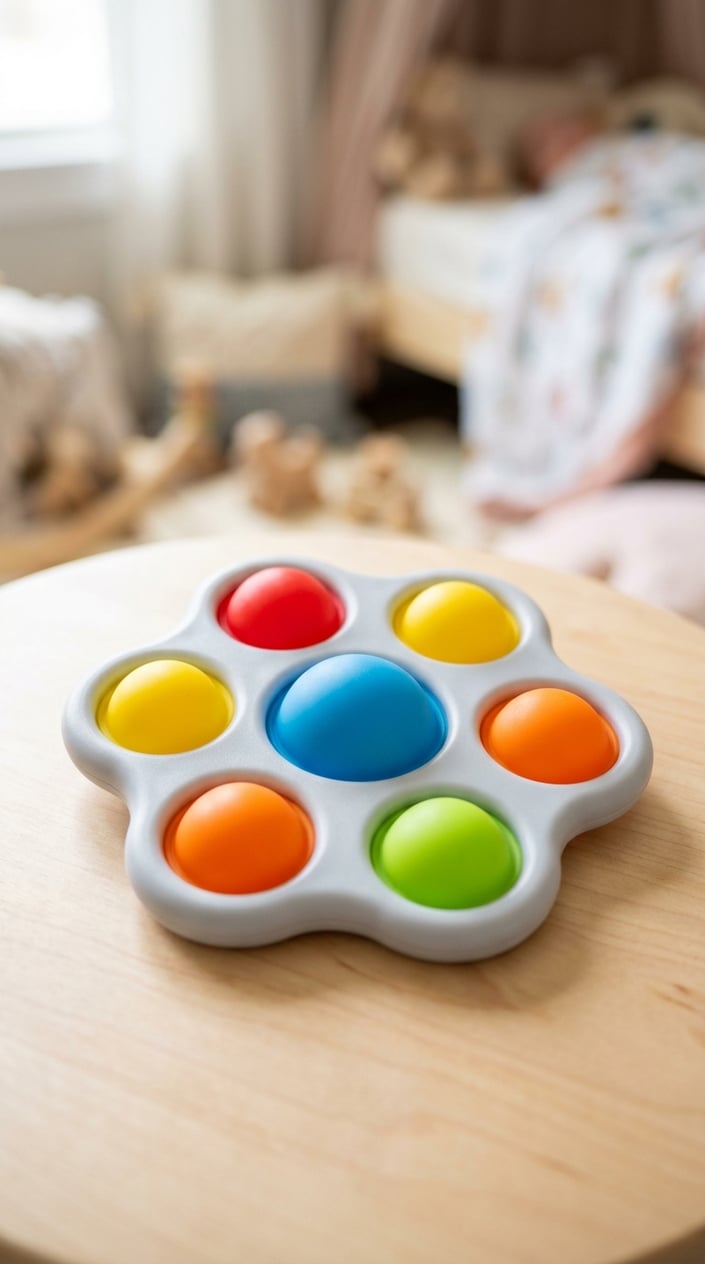 15 Baby Toys That Don't Make Parents Want to Hide in the Garage 11 Close-up of a colorful silicone baby fidget toy with rounded buttons on a light surface.