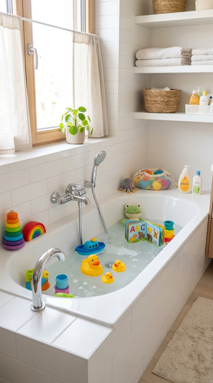 15 Baby Toys That Don't Make Parents Want to Hide in the Garage 12 A modern bathroom with a bathtub and bath pipes surrounded by colorful baby toys like rubber ducks and plush animals.