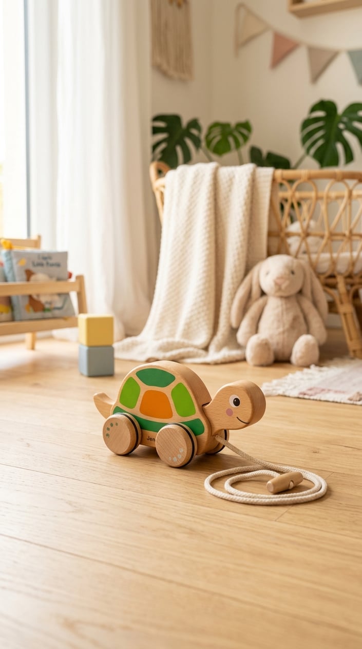 15 Baby Toys That Don't Make Parents Want to Hide in the Garage 13 A wooden pull along turtle toy on a nursery floor surrounded by soft baby items and natural light.