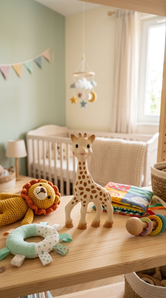 15 Baby Toys That Don't Make Parents Want to Hide in the Garage 14 A Sophie la Girafe teether and other baby toys arranged on a wooden surface in a softly lit nursery with a crib in the background.
