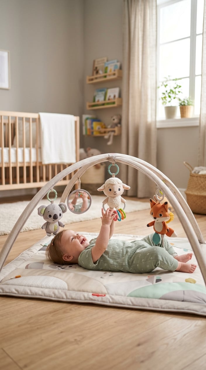 15 Baby Toys That Don't Make Parents Want to Hide in the Garage 15 A baby lying on a neutral-colored play mat with hanging toys in a bright nursery.
