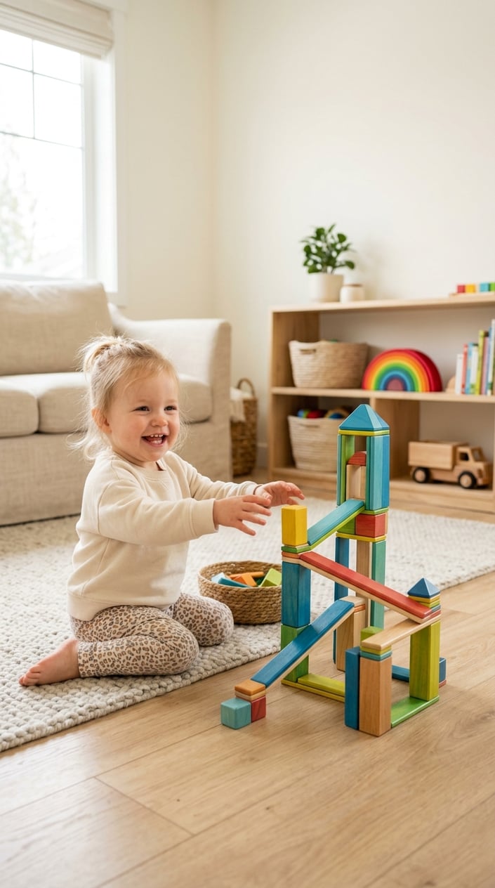 15 Baby Toys That Don't Make Parents Want to Hide in the Garage 16 A toddler playing with colorful magnetic wooden blocks arranged on the floor in a bright playroom.