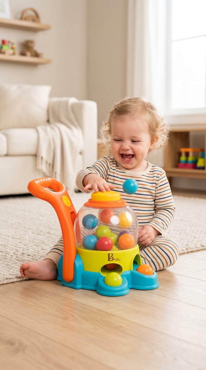 15 Baby Toys That Don't Make Parents Want to Hide in the Garage 17 A baby playing with a colorful Busy Ball Popper toy that pops balls when pushed.