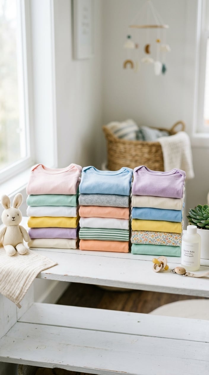 A collection of 18 folded baby tees in pastel colors arranged on a white surface with baby care items nearby.