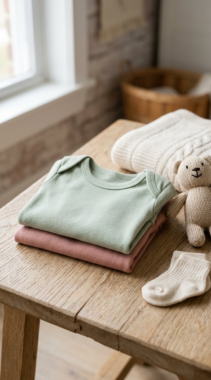 Two folded baby cotton crewneck tees on a wooden surface with baby accessories around them.