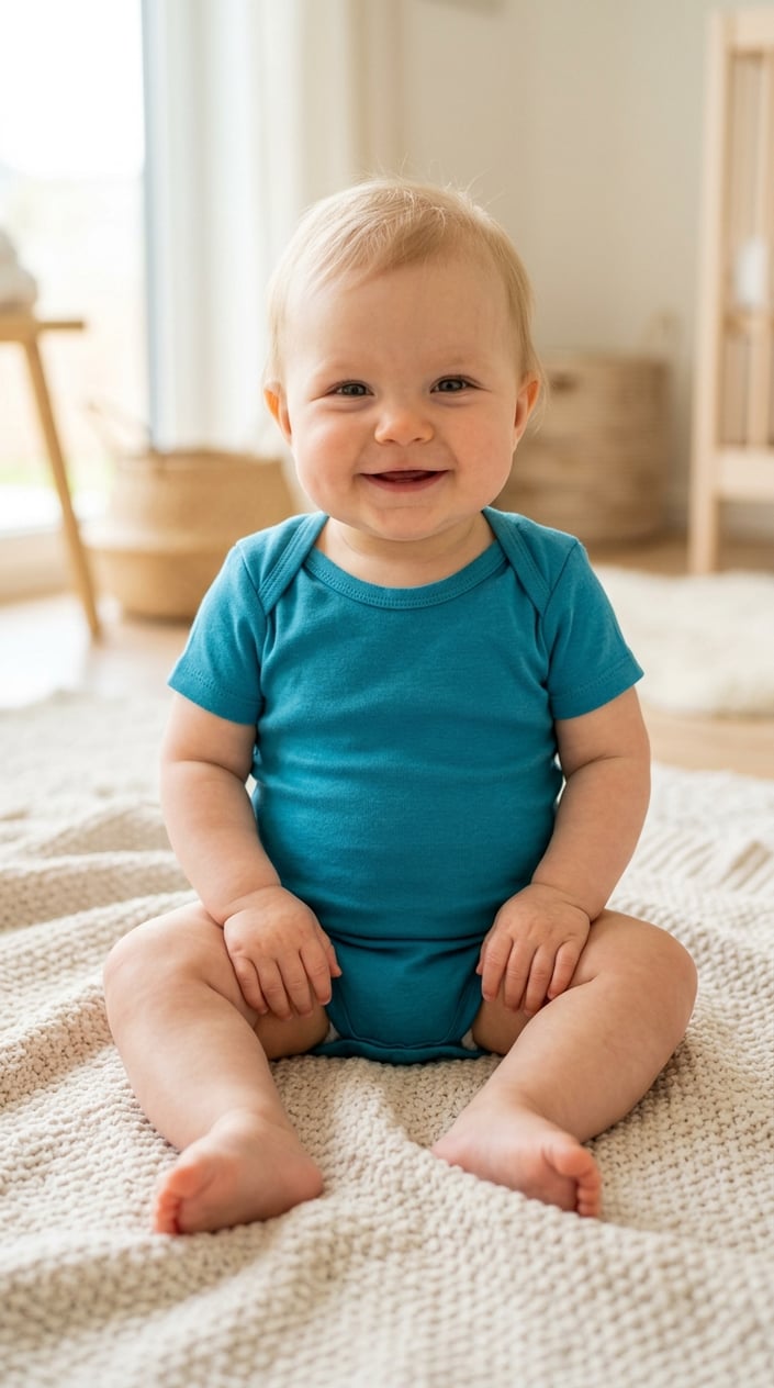 A happy baby sitting on a blanket wearing a short-sleeve bodysuit tee.