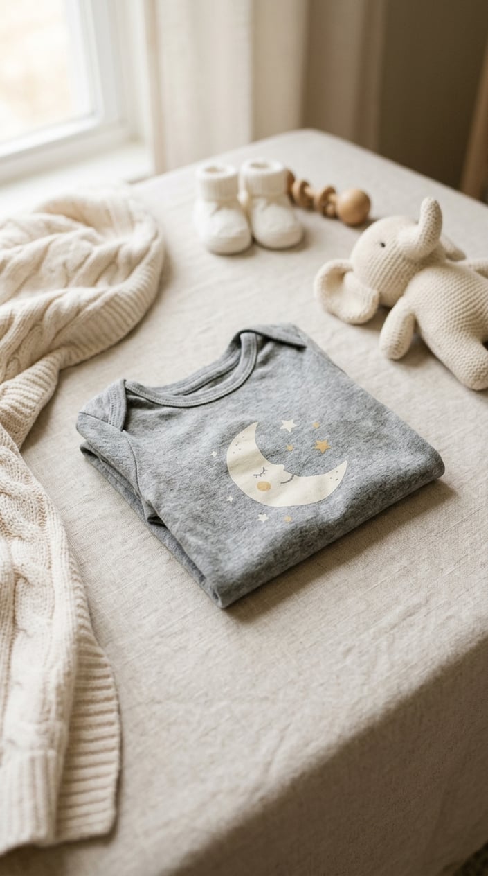 A neatly folded baby graphic tee surrounded by baby care items on a neutral surface.