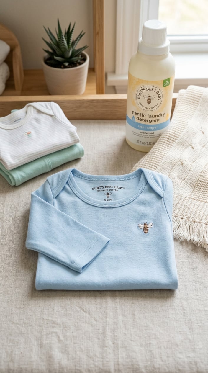 A neatly folded baby organic cotton tee surrounded by baby clothes and a knitted blanket on a soft surface.