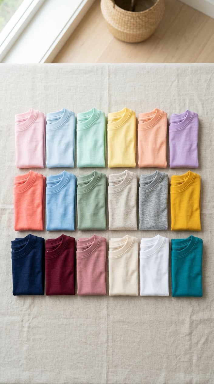 A neatly arranged collection of 18 colorful baby tees laid out on a soft surface.