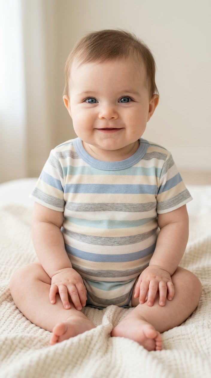 A baby wearing a striped baby tee sitting on a light background, smiling gently.