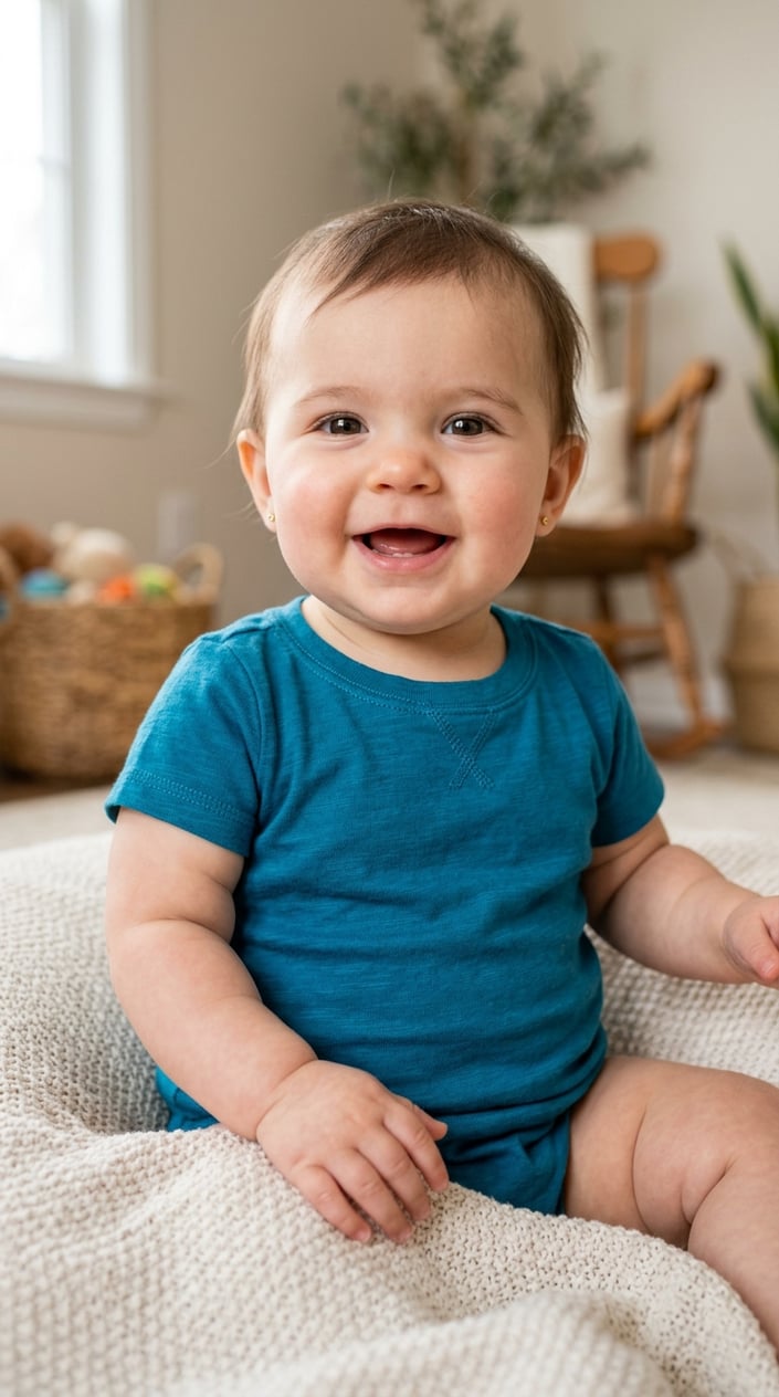 A baby wearing a short sleeve tee sitting indoors, smiling and looking comfortable.