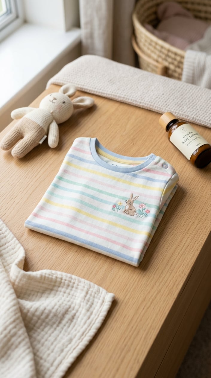 A folded baby jersey tee surrounded by baby care items on a wooden surface.