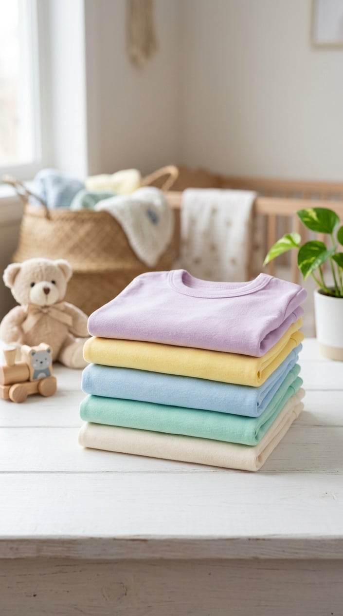 A stack of pastel-colored baby cotton tees on a white surface with a teddy bear and wooden toy nearby.