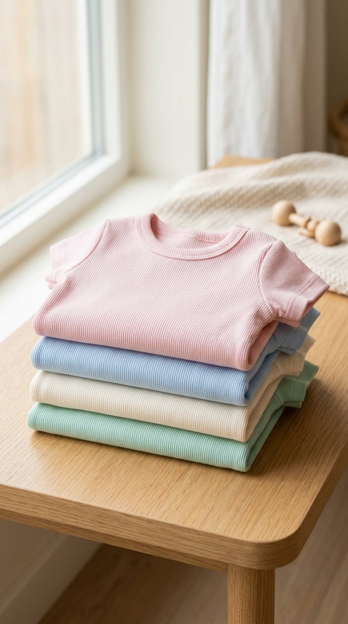 A neatly folded collection of pastel-colored baby ribbed tees arranged on a bright, clean surface.