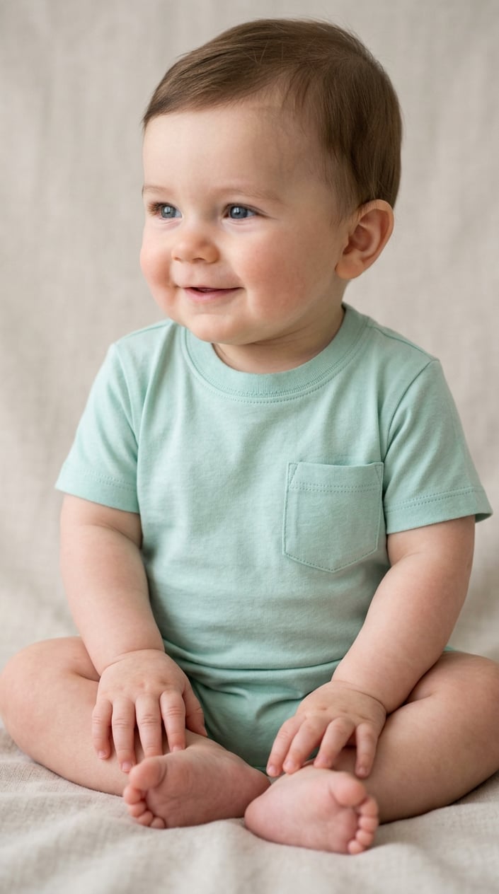 A baby sitting wearing a pastel pocket tee on a light background.