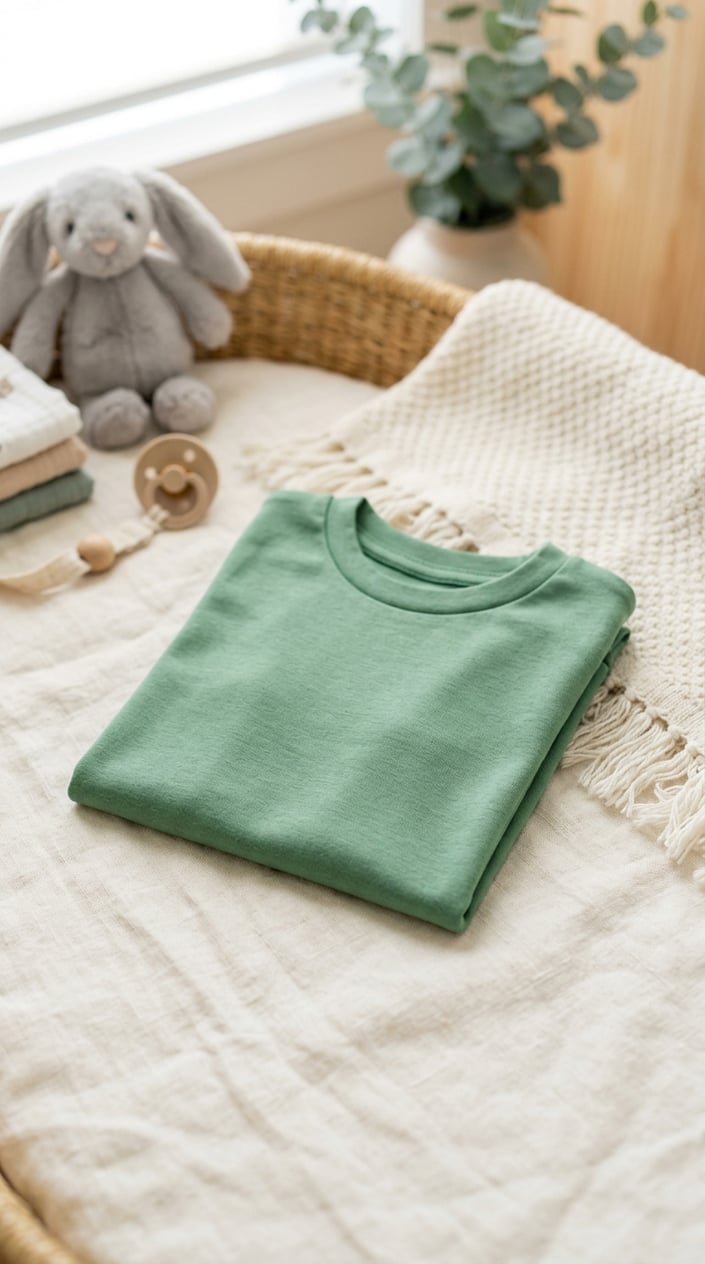 A neatly folded solid-colored baby cotton tee shirt placed on a soft surface with baby accessories softly blurred in the background.