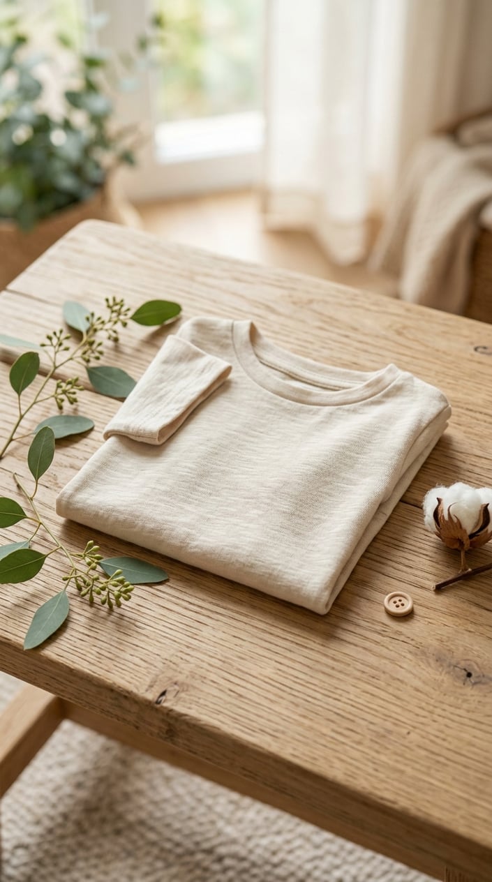 A neatly folded organic baby tee on a light wooden surface with green leaves nearby.