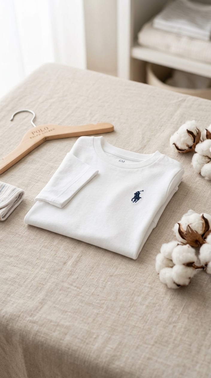 A neatly folded white baby cotton tee with a small logo on the chest placed on a soft surface with cotton balls and a wooden hanger nearby.