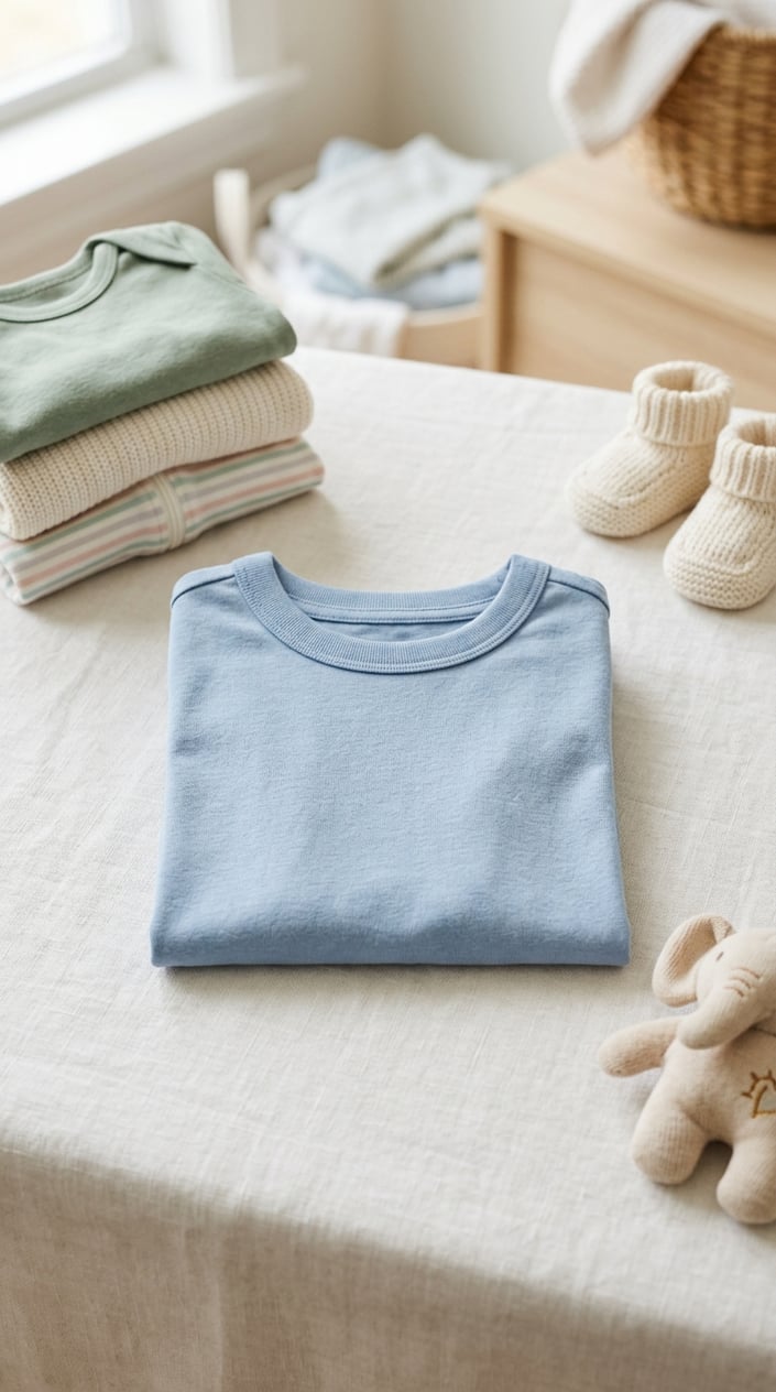 A neatly folded baby cotton crew tee on a neutral background with baby clothes and accessories nearby.