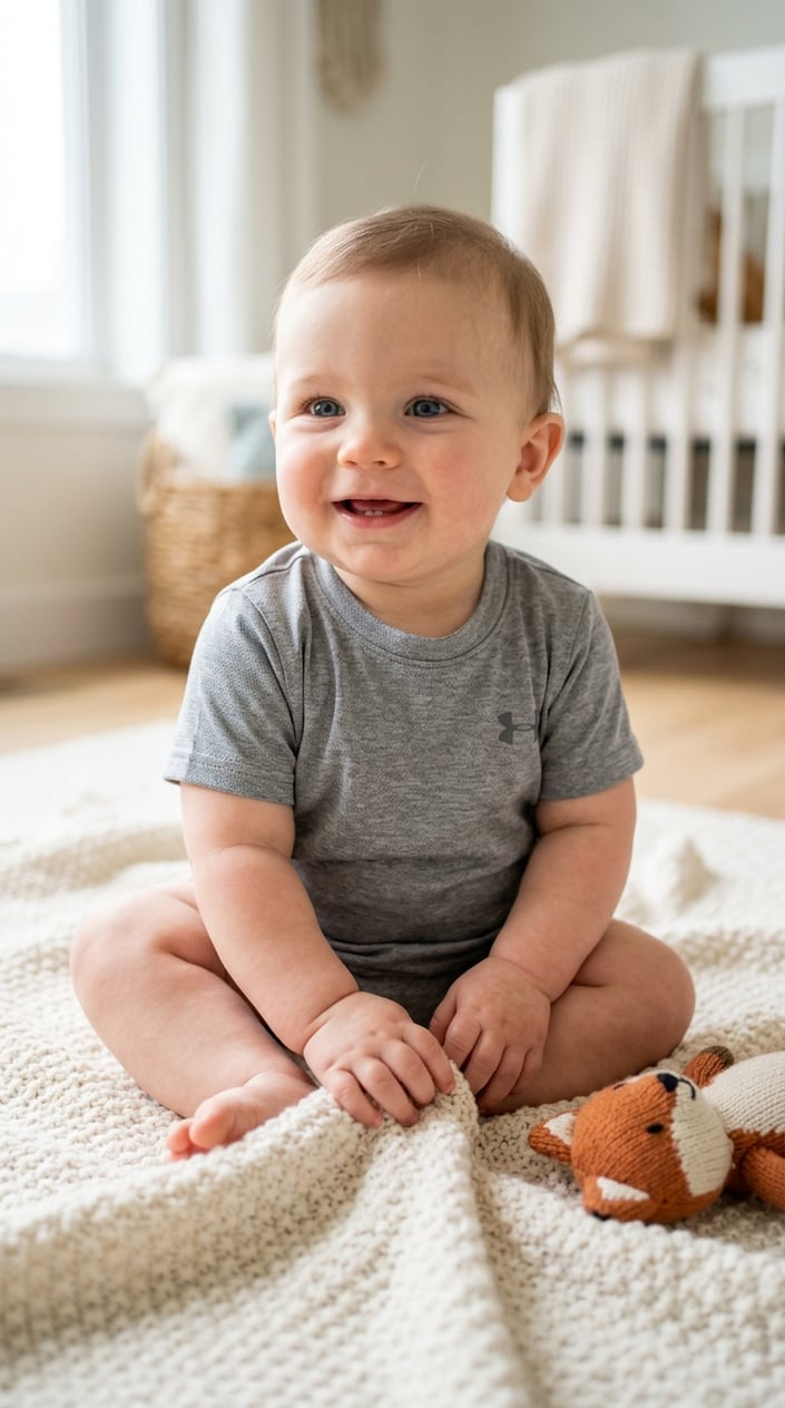 A baby sitting on a blanket wearing a plain short-sleeve tee, smiling in a softly lit room.