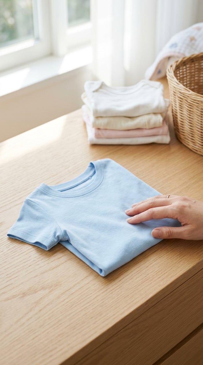 A folded pastel baby tee on a light wooden surface with a hand gently touching the fabric and a small pile of baby clothes nearby.