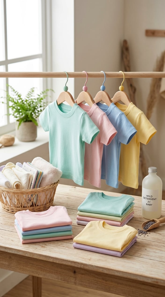 A collection of pastel-colored baby t-shirts displayed with laundry items on a neutral background.