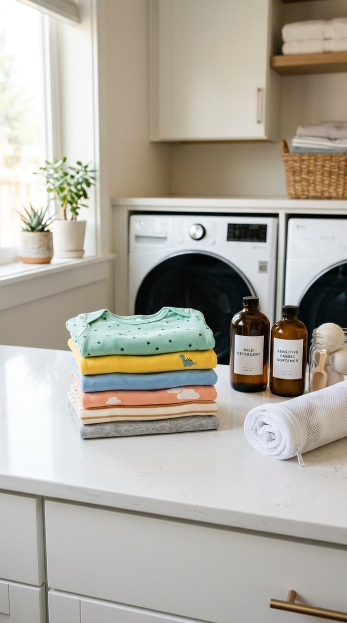 Stack of colorful baby t-shirts neatly folded on a countertop in a bright laundry room with a washing machine and laundry supplies nearby.