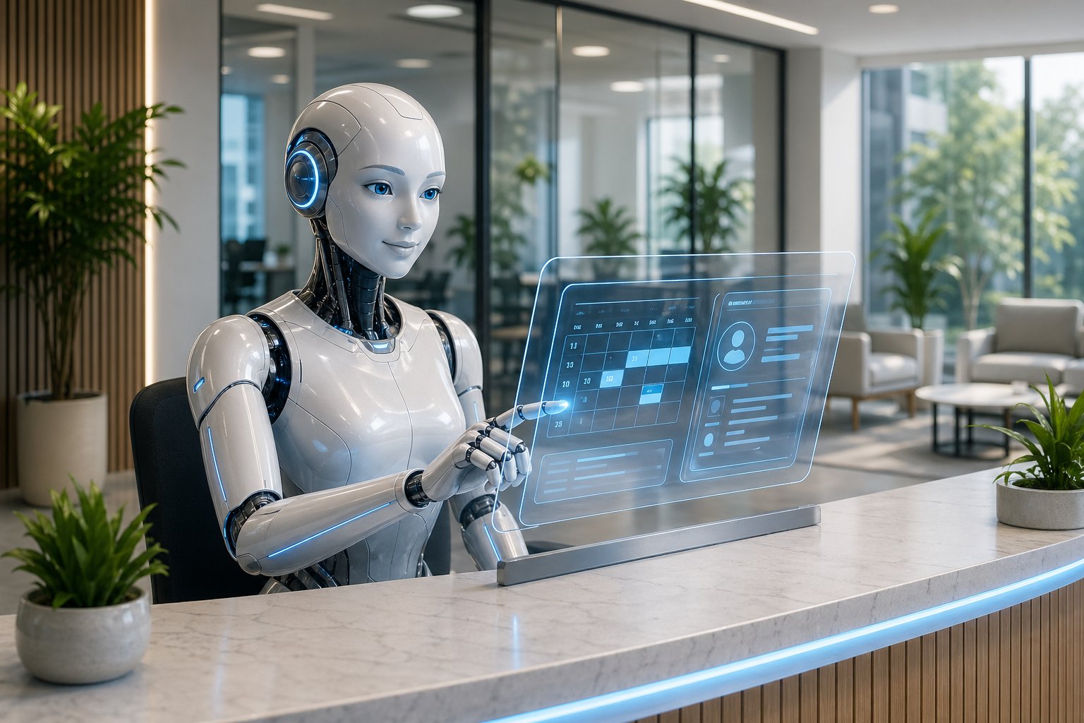 Een humanoïde robot die achter een balie zit in een modern kantoor en een digitaal scherm bedient.