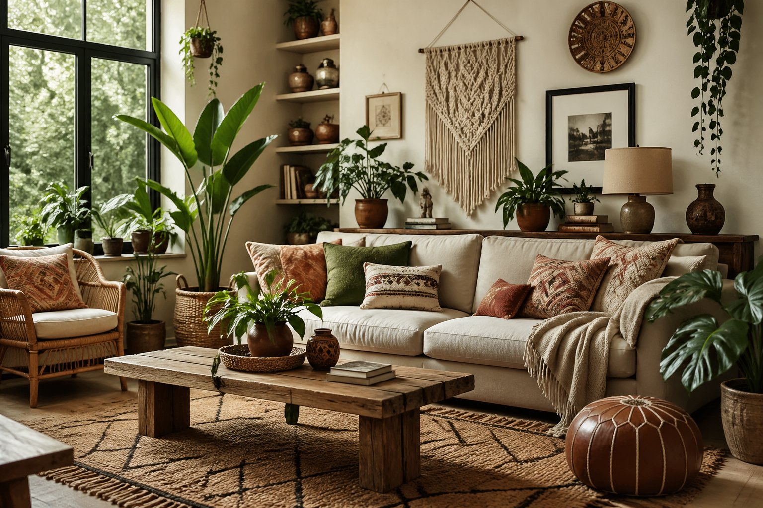 Ein gemütliches Wohnzimmer mit Sofa, Holztisch, Pflanzen und dekorativen Textilien in warmen Erdtönen.
