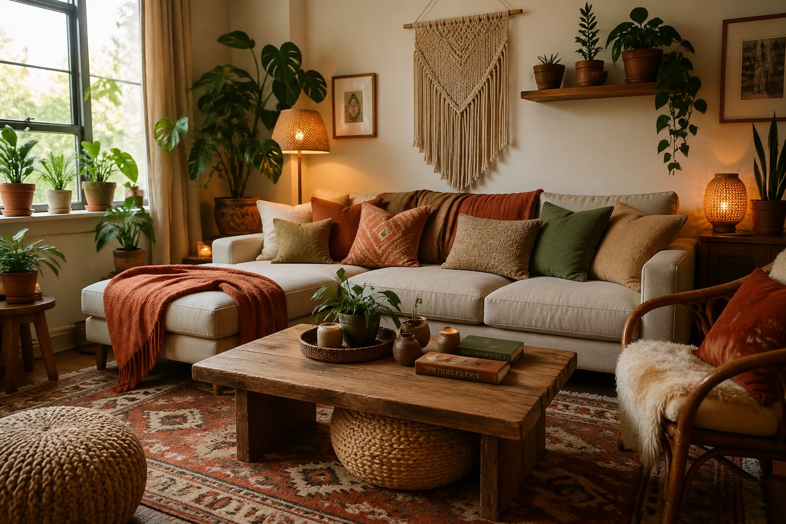 Ein gemütliches Wohnzimmer mit Sofa, Pflanzen und warmem Licht.