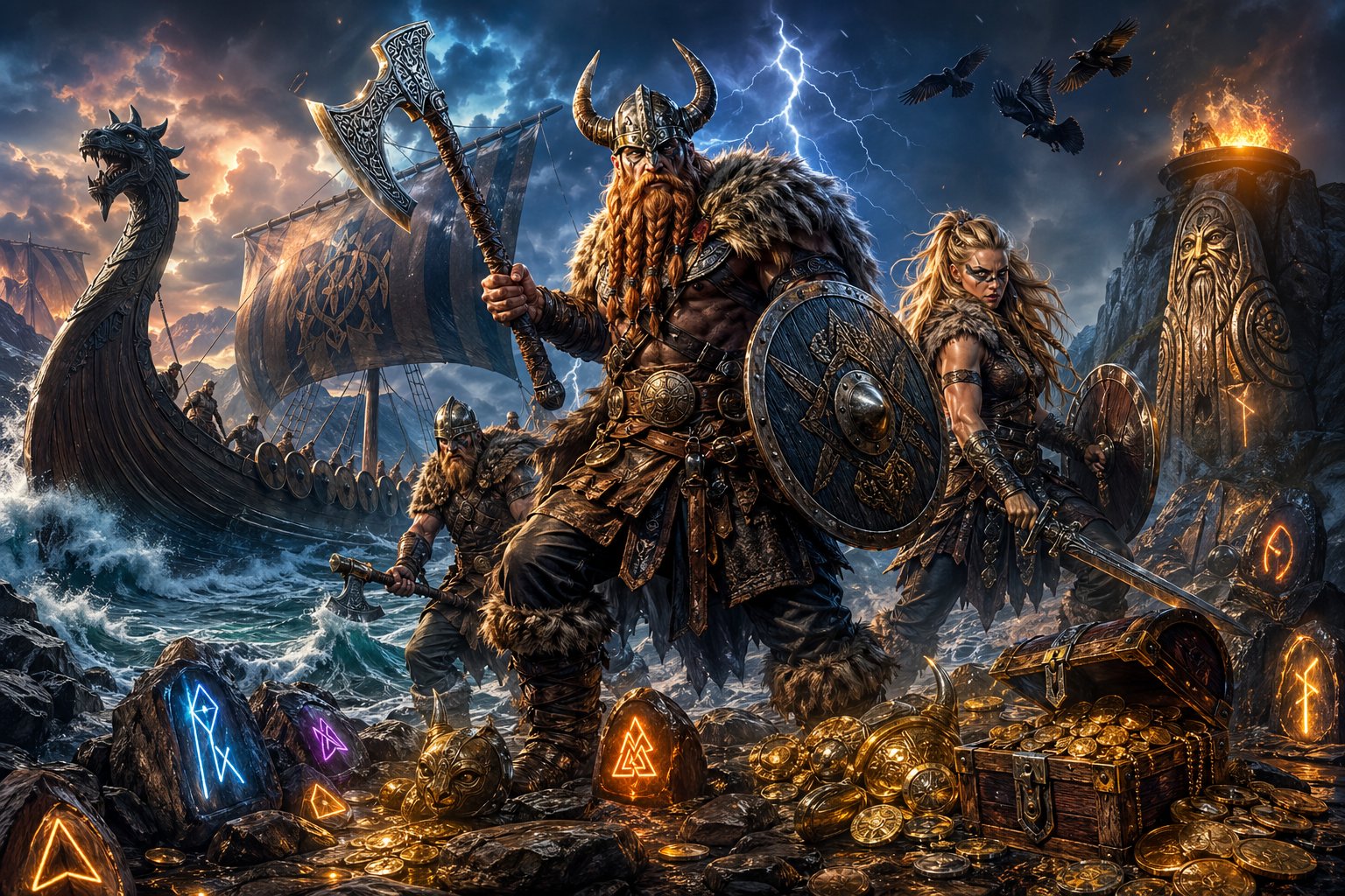 Viking Warriors Standing On A Rocky Shore With A Viking Longship Sailing In Rough Seas Under A Stormy Sky, Surrounded By Glowing Runes And Treasure.