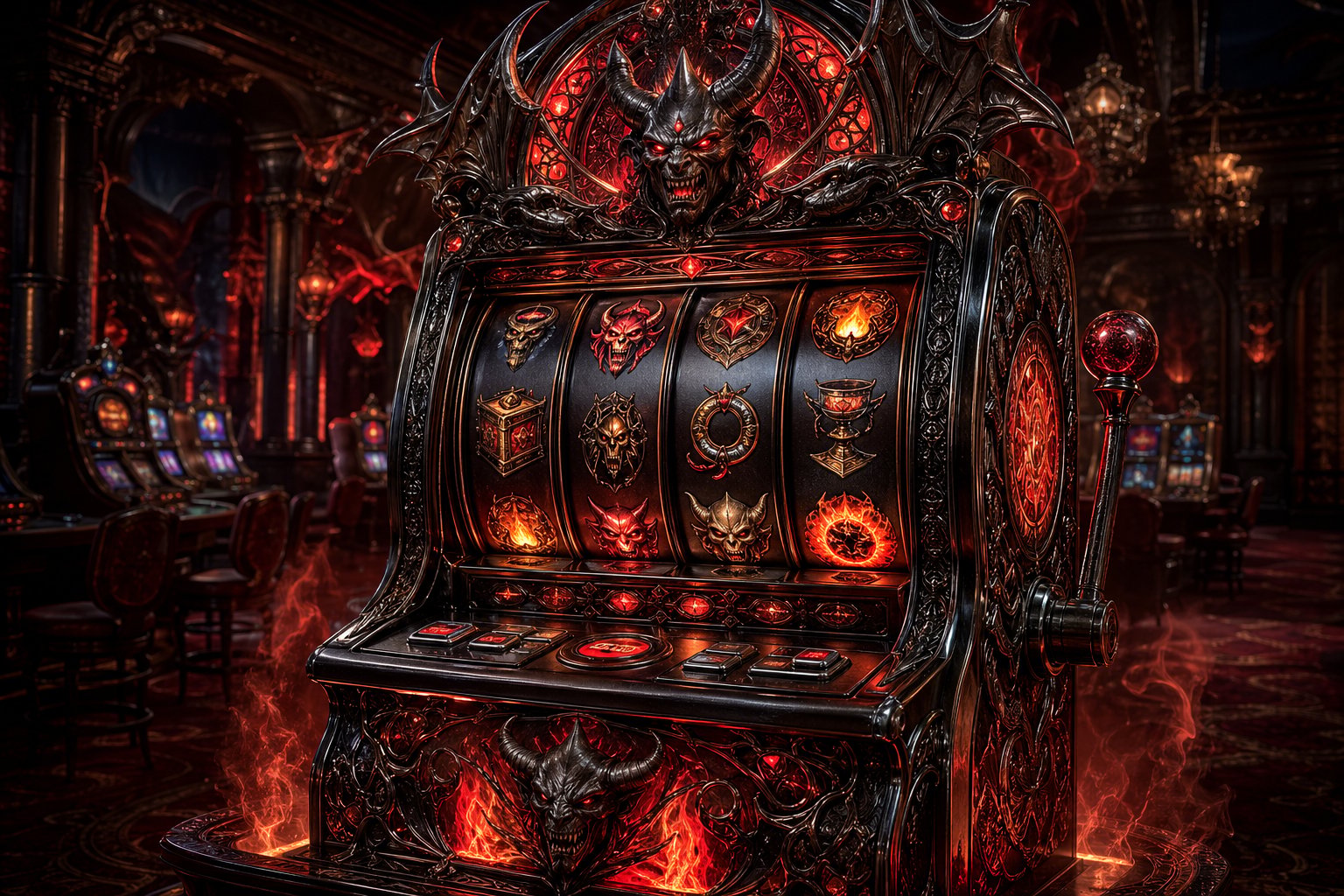 A Dark Casino Slot Machine Decorated With Demonic Faces And Glowing Red Runes Surrounded By Flames And Smoke On A Dimly Lit Casino Floor.