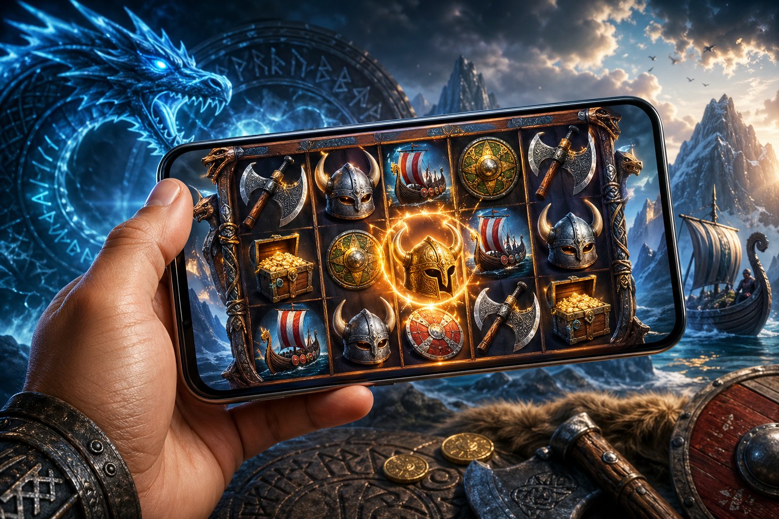A Hand Holding A Smartphone Showing VikingThemed Slot Game Reels With Viking Helmets, Axes, And Longships, Set Against A Nordic Landscape With Runes And A Dragon.