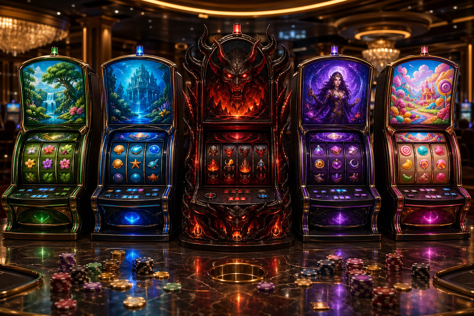 A Casino Table Displaying Several Slot Machines, Including A Central DemonThemed Slot Machine With Fiery And Mystical Design Elements.