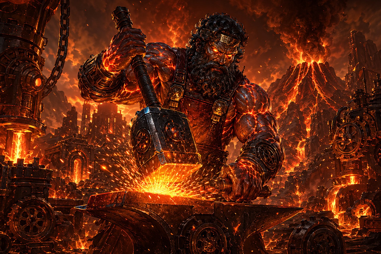 A Muscular Blacksmith God Wielding A Large Hammer In A Fiery Volcanic Forge With Molten Lava And Glowing Embers Around Him.