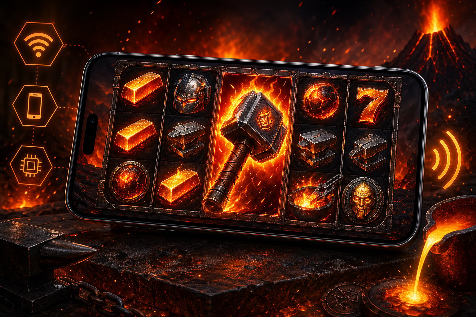 A Smartphone Displaying A Fiery Slot Game With A Glowing Hammer And Molten Metal Symbols Set Against A Dark Forge Background.