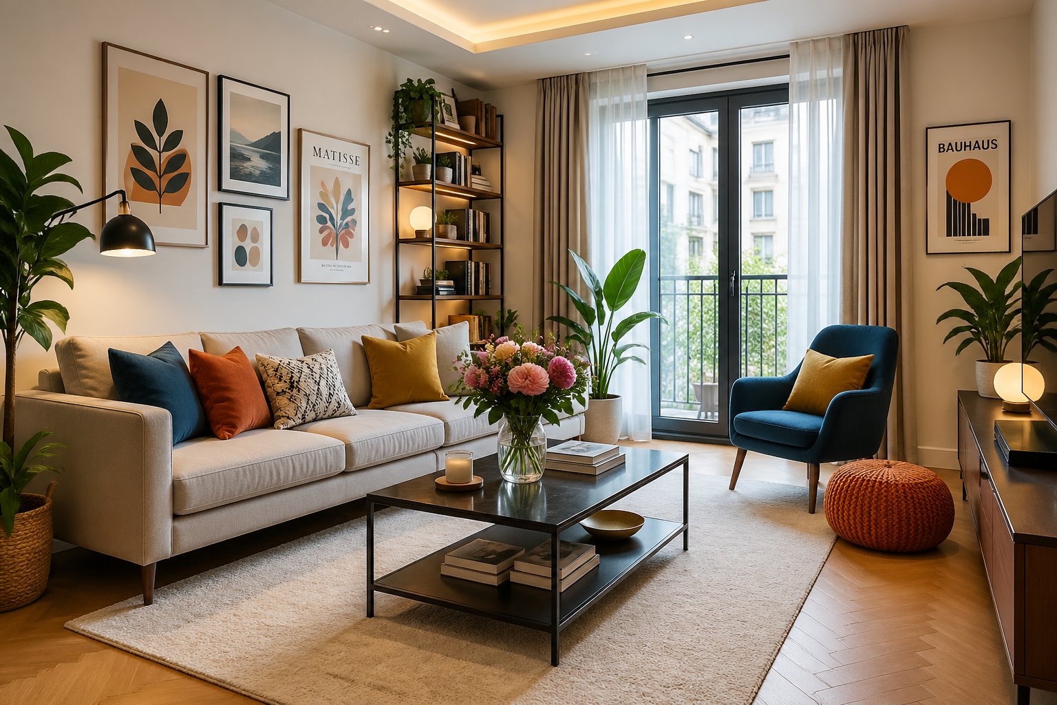 Ein helles Wohnzimmer mit Sofa, Kissen, Blumen auf dem Tisch, Bildern an der Wand und Pflanzen, das gemütlich und einladend wirkt.