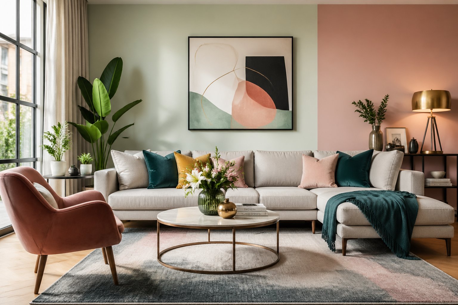 Helles Wohnzimmer mit Sofa, bunten Kissen, einem Couchtisch, Pflanzen und großen Fenstern.
