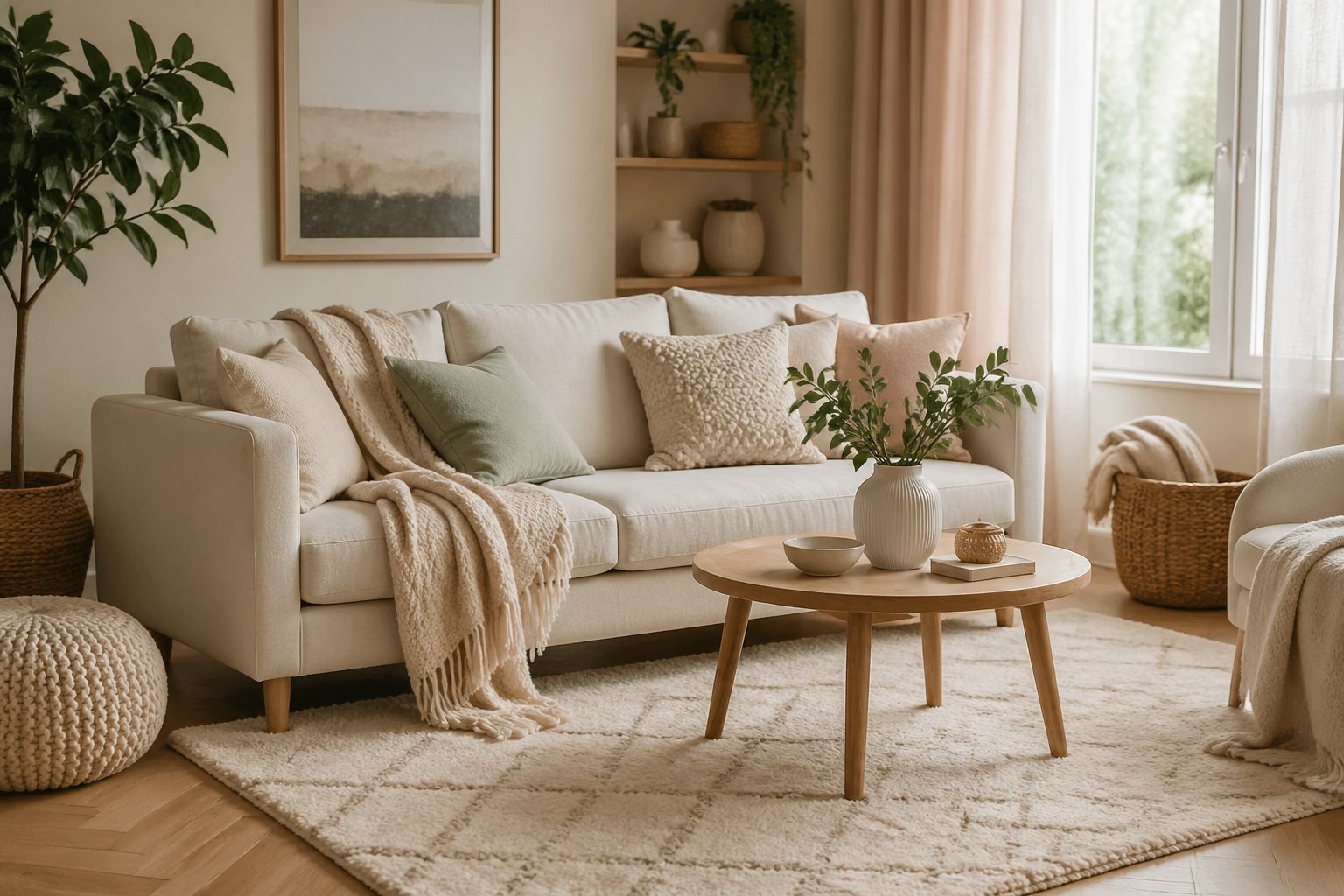 Gemütliches Wohnzimmer mit Sofa, Kissen, Decke, Teppich und Vorhängen, das zum Entspannen einlädt.
